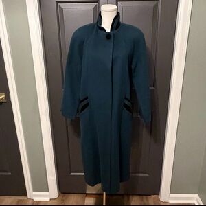 Vintage Alorna Super Fina Dark Green Wool Long Coat w/ Black Accents petite